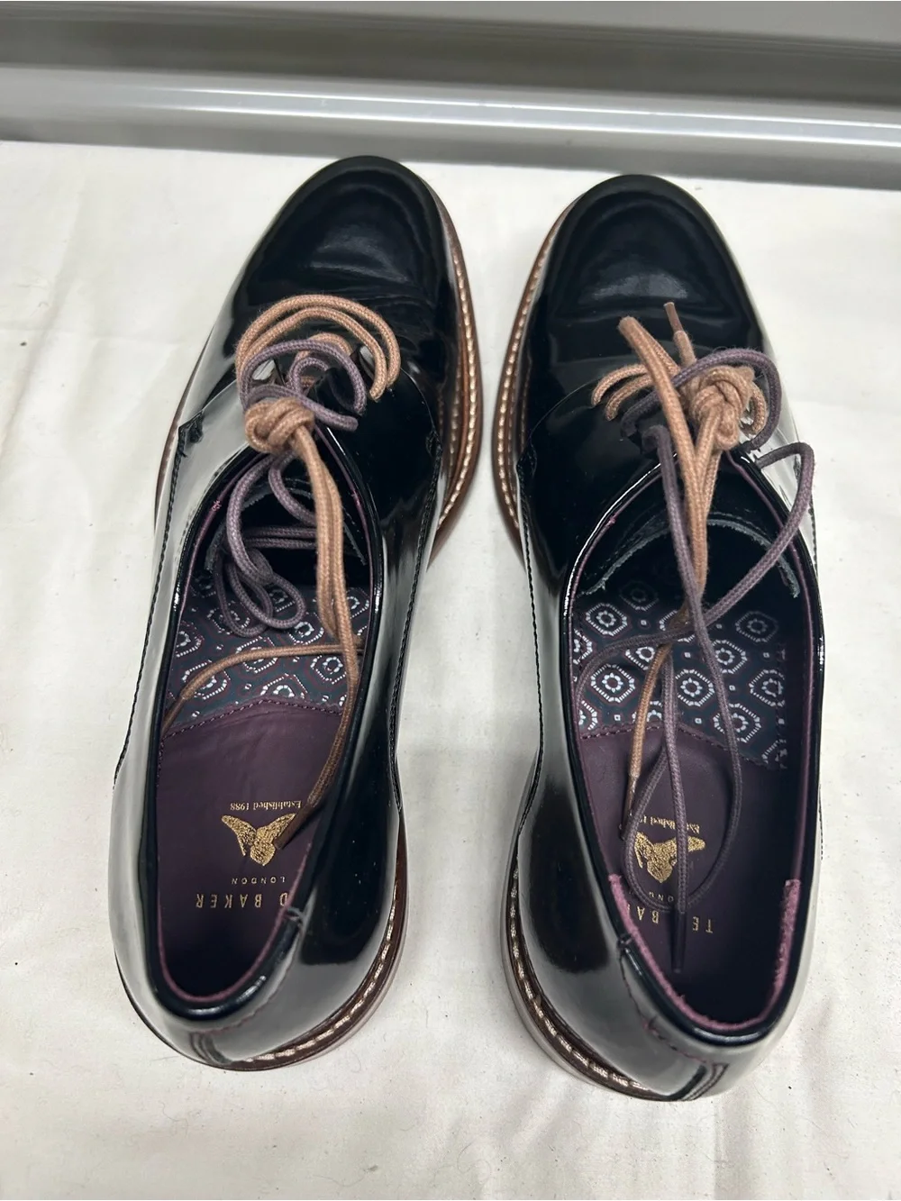 Ted Baker Gloss Black Patent Leather Derby Shoes with Tan Laces